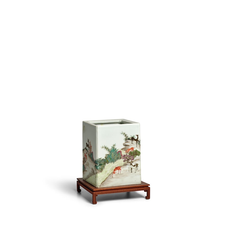 A FAMILLE-ROSE 'PINE AND DEER' SQUARE BRUSHPOT Qianlong mark, 20th century - 4