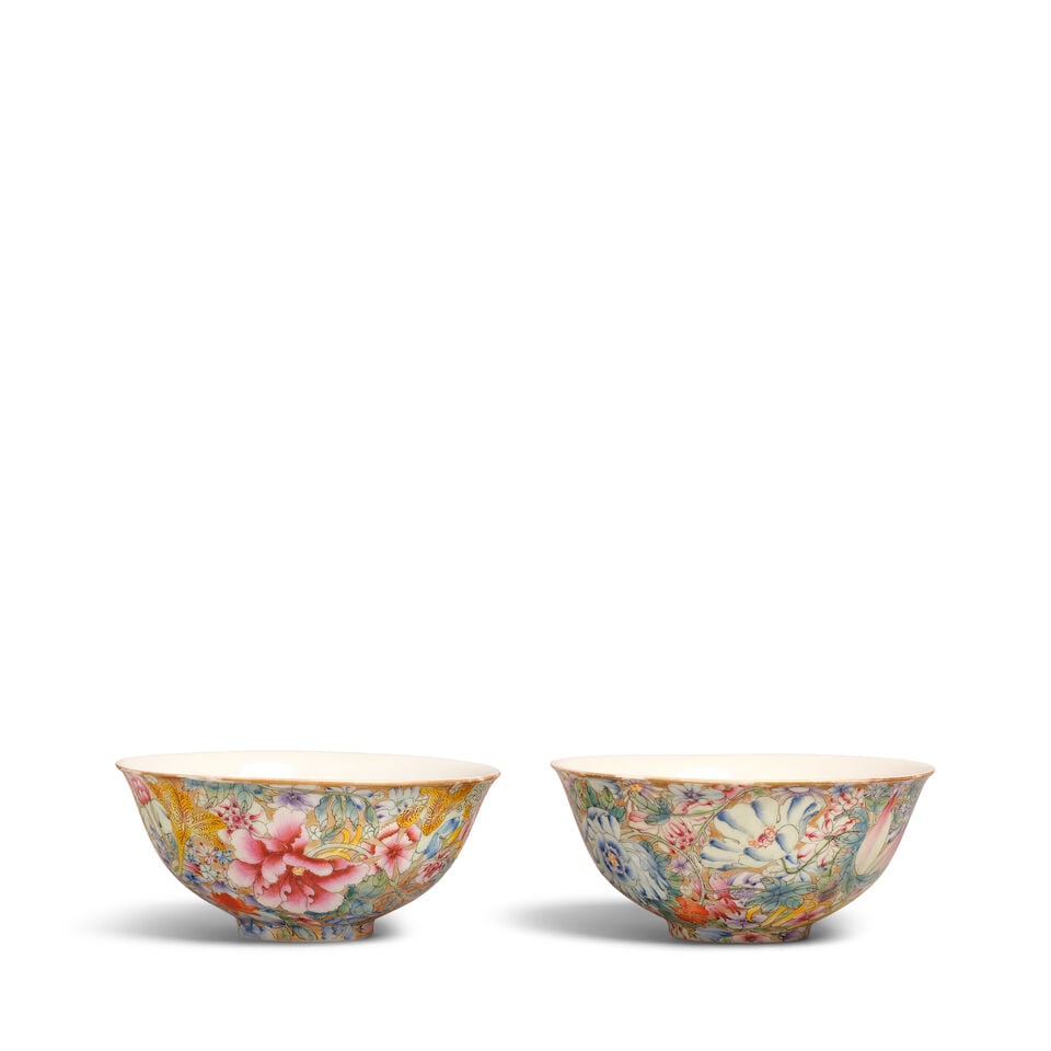 A PAIR OF MILLE-FLEUR BOWLS Guangxu marks and of the period (2, with one wood stand): A PAIR OF MILLE-FLEUR BOWLS Guangxu marks and of the period The interior of each with bat medallion design and the base of each with a six-character Guangxu mark in iron-red. 4 7/8in (12.4cm) diam of 
