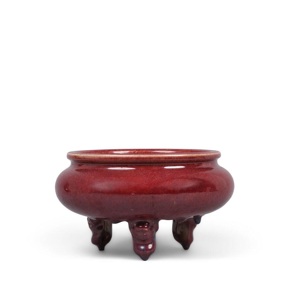 A FLAMBÉ-GLAZED TRIPOD CENSER Late Qing dynasty/Republic period (wood stand) (1 of 2)
