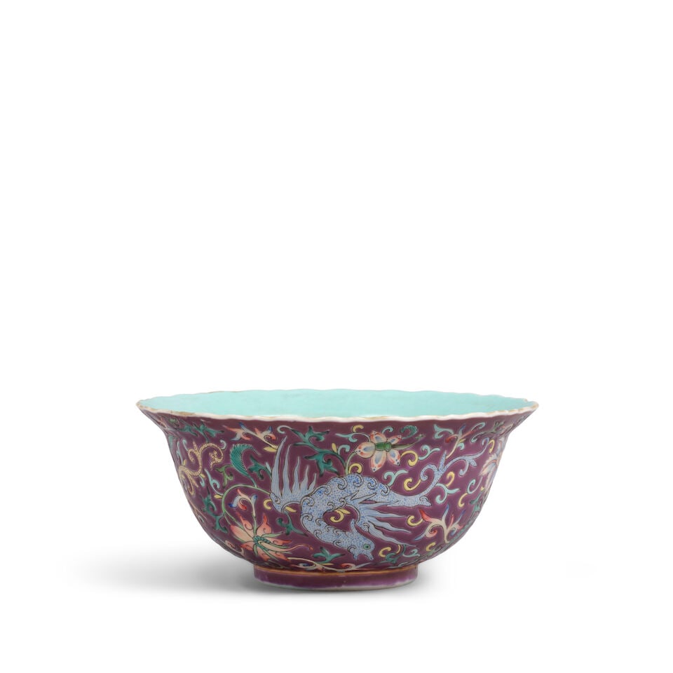 A PURPLE-GROUND FAMILLE-ROSE 'PHOENIX' BOWL Fengye Manlou Jiacang mark, 20th century: A PURPLE-GROUND FAMILLE-ROSE 'PHOENIX' BOWL Fengye Manlou Jiacang mark, 20th century The base with a Fengye Manlou Jiacang mark in iron-red reserved against turquoise ground. 6 7/8in (17.5cm) diam Foo