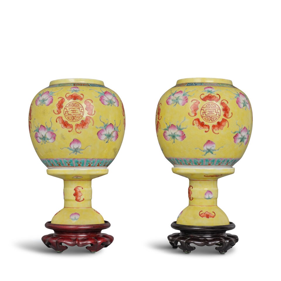 A PAIR OF YELLOW-GROUND FAMILLE-ROSE 'EGG SHELL' GLOBULAR LAMPS Republic Period (2, affixed wood...: A PAIR OF YELLOW-GROUND FAMILLE-ROSE 'EGG SHELL' GLOBULAR LAMPS Republic Period Electrified with associated hardwares and cords. 9 1/2in (24cm) overall height of each (excluding wood stand) (2, affixe