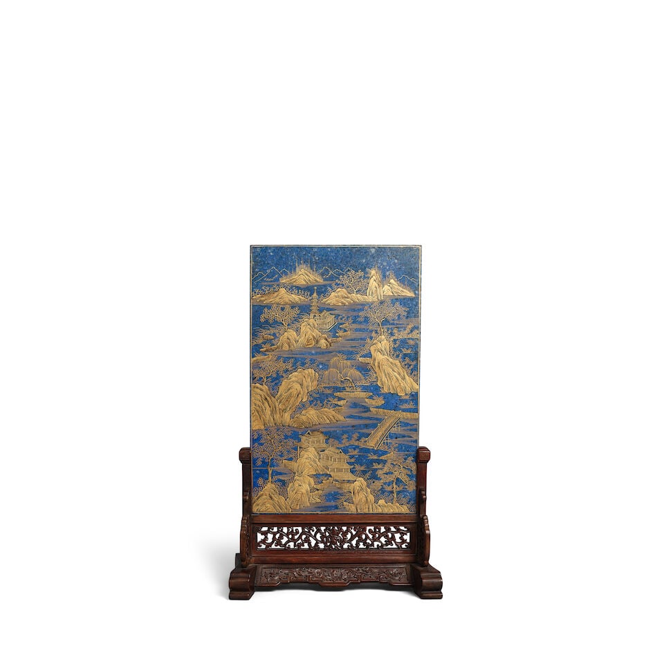 A GILT-DECORATED 'LANDSCAPE' LAPIS LAZULI TABLESCREEN Qianlong mark, Late Qing dynasty (wood stand) - 2