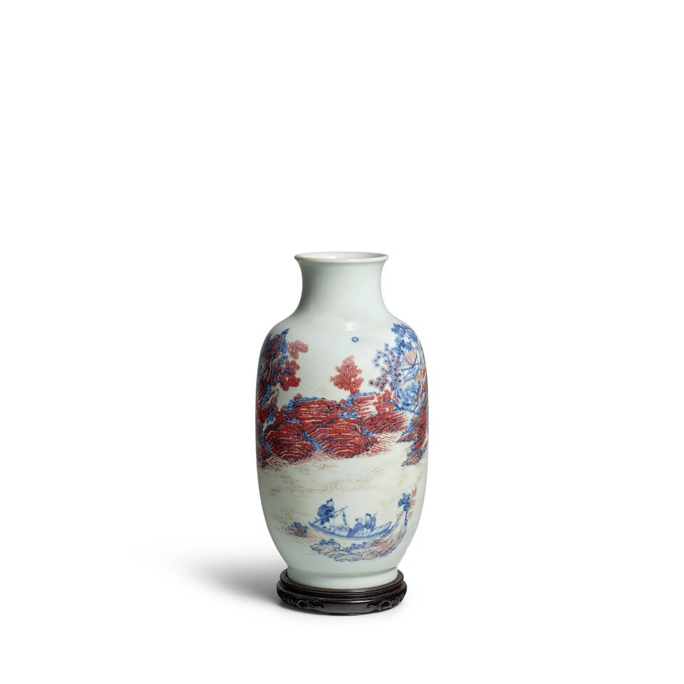 AN UNDERGLAZE COPPER-RED AND BLUE 'FISHERMAN' VASE 19th century (1 of 4)