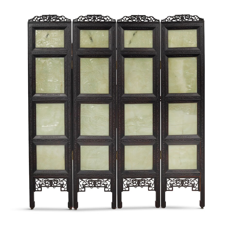 A JADE-PANEL EMBELLISHED FOUR-PANEL SCREEN Late Qing dynasty (4) (1 of 4)