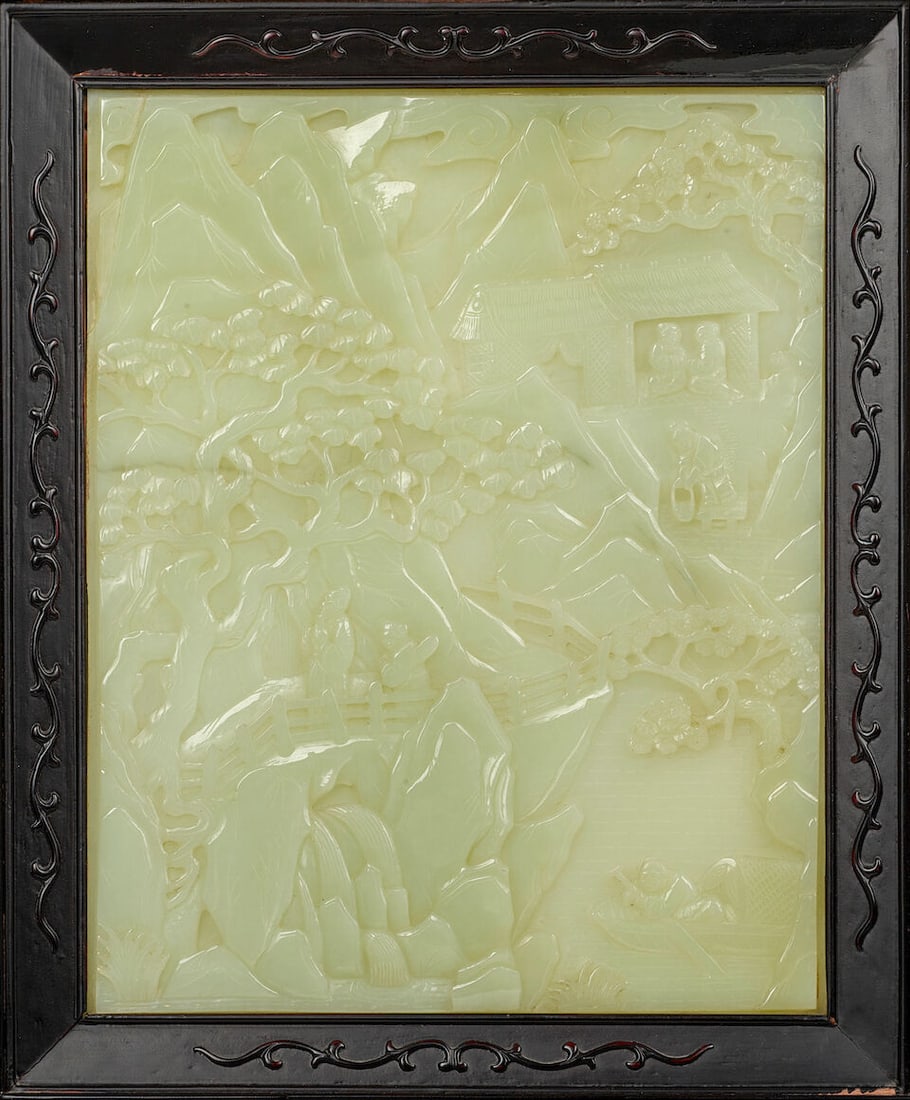 A JADE-PANEL EMBELLISHED FOUR-PANEL SCREEN Late Qing dynasty (4) - 3