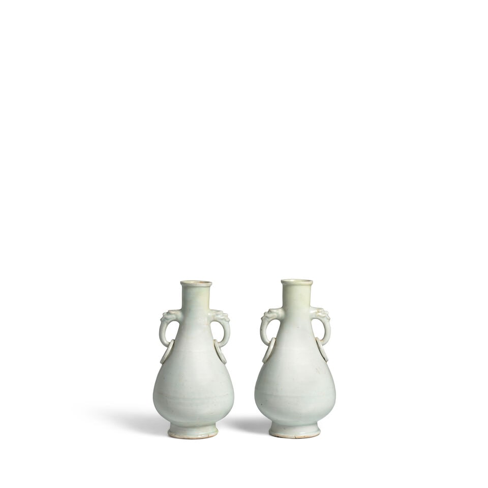 A PAIR OF QINGBAI-GLAZED VASES WITH DRAGON RING HANDLES Yuan dynasty (2) (1 of 4)