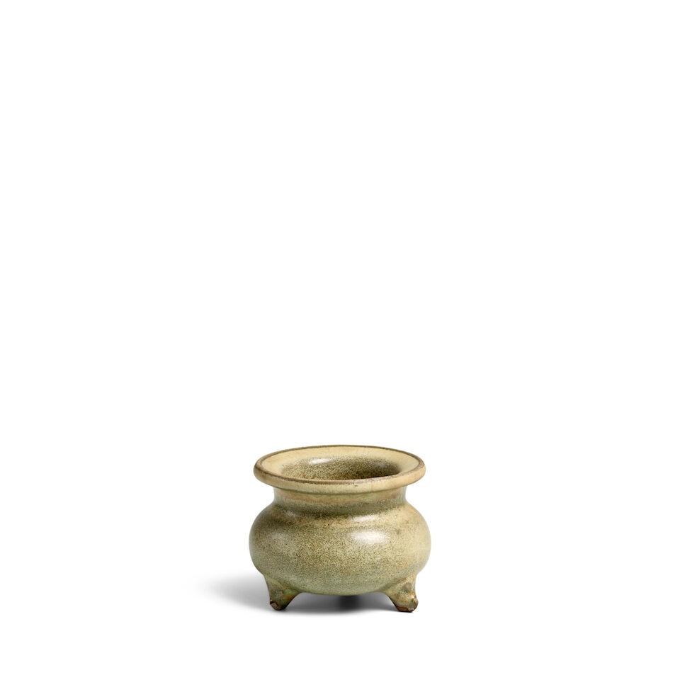 A SMALL HENAN CELADON TRIPOD CENSER Song Dynasty, possibly Linru kiln (green brocade fitted box,... (1 of 3)