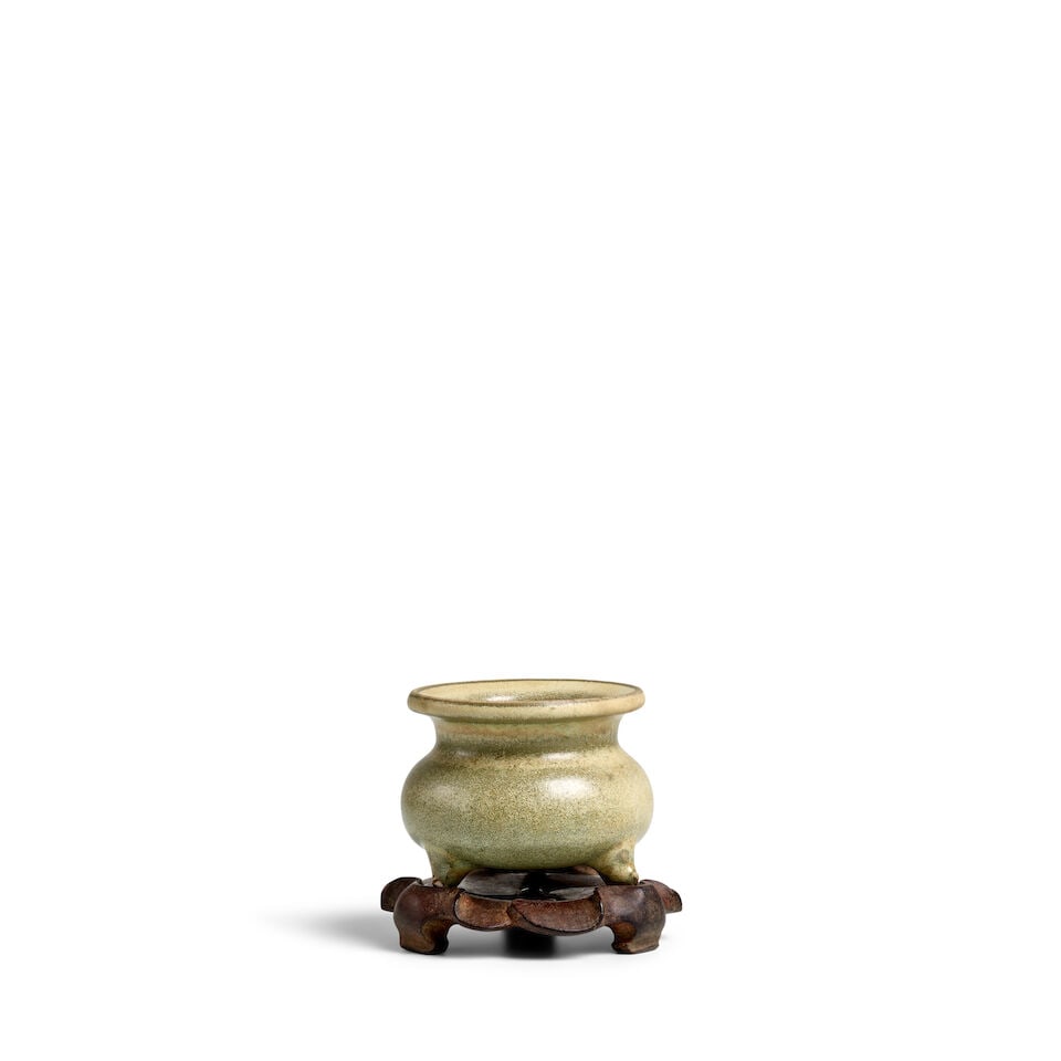A SMALL HENAN CELADON TRIPOD CENSER Song Dynasty, possibly Linru kiln (green brocade fitted box,... - 3