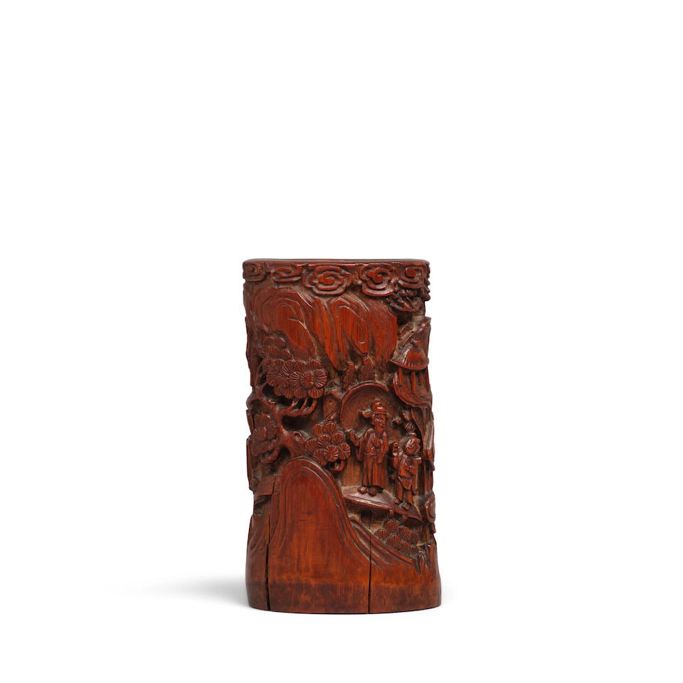 A BAMBOO CARVED 'LANDSCAPE' BRUSHPOT Qing dynasty (1 of 2)