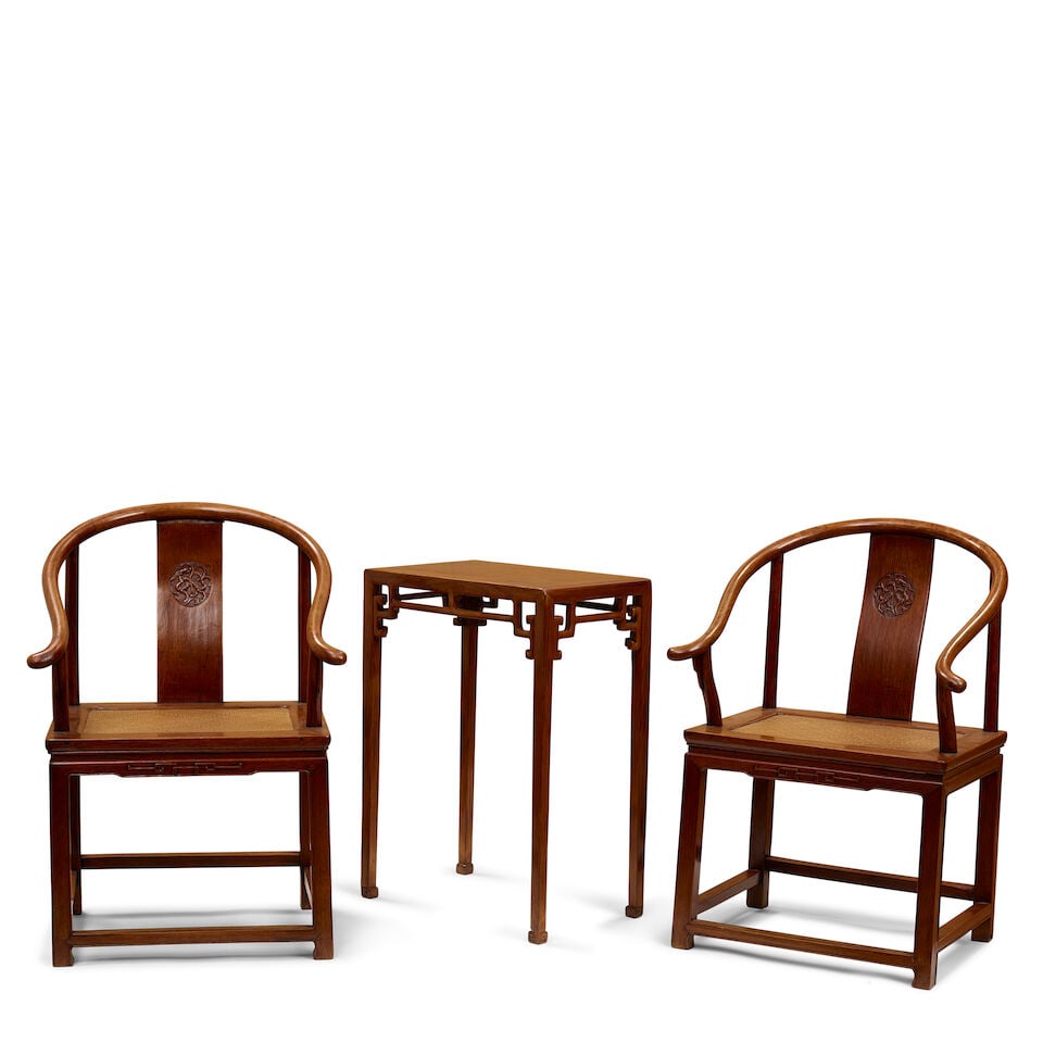 A PAIR OF HARDWOOD HORSE-SHOE BACK ARMCHAIRS AND A TALL RECTANGULAR WOOD STAND Chairs: 19th cent... (1 of 7)
