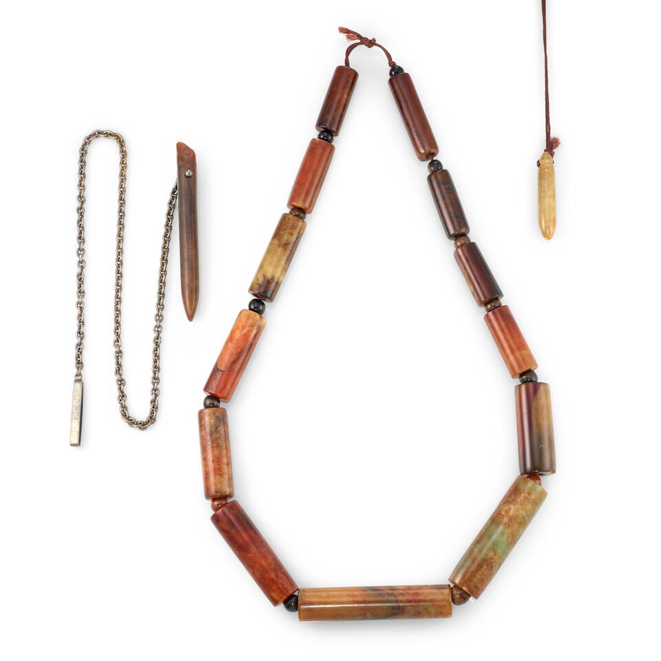 A STRAND OF ARCHAISTIC JADE AND HARDSTONE BEADS AND TWO ARCHAISTIC PENDANTS Late Qing dynasty, p... (1 of 1)