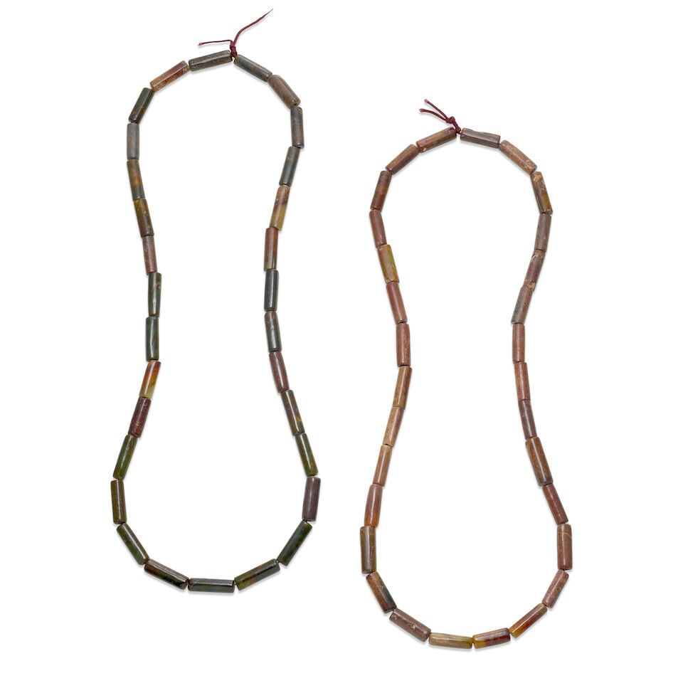 TWO ASSEMBLED STRANDS OF JADE AND HARDSTONE CYLINDRICAL BEADS Late Qing dynasty, probably includ... (1 of 1)