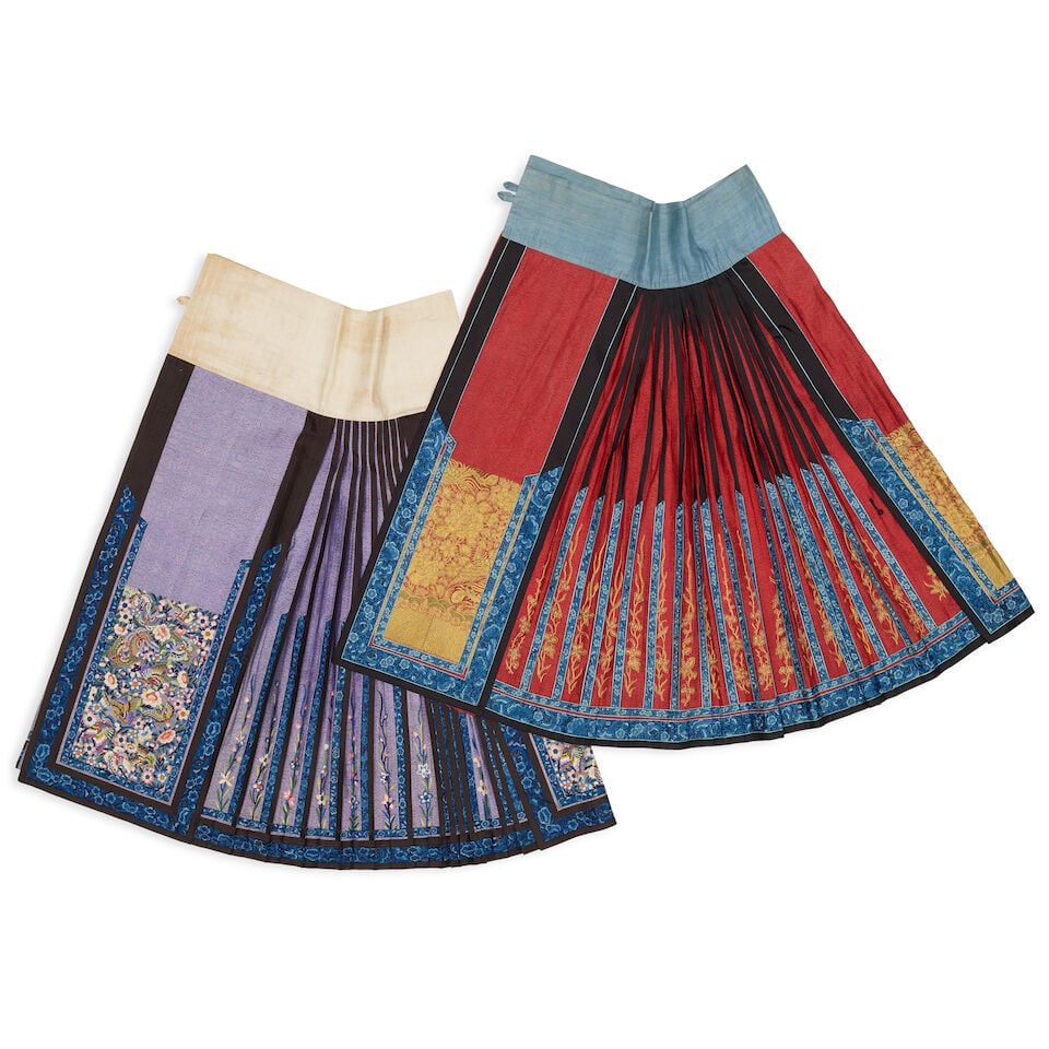 TWO EMBROIDERED AND PLEATED SILK SKIRTS, MAMIAN QUN Late Qing dynasty (2) (1 of 2)