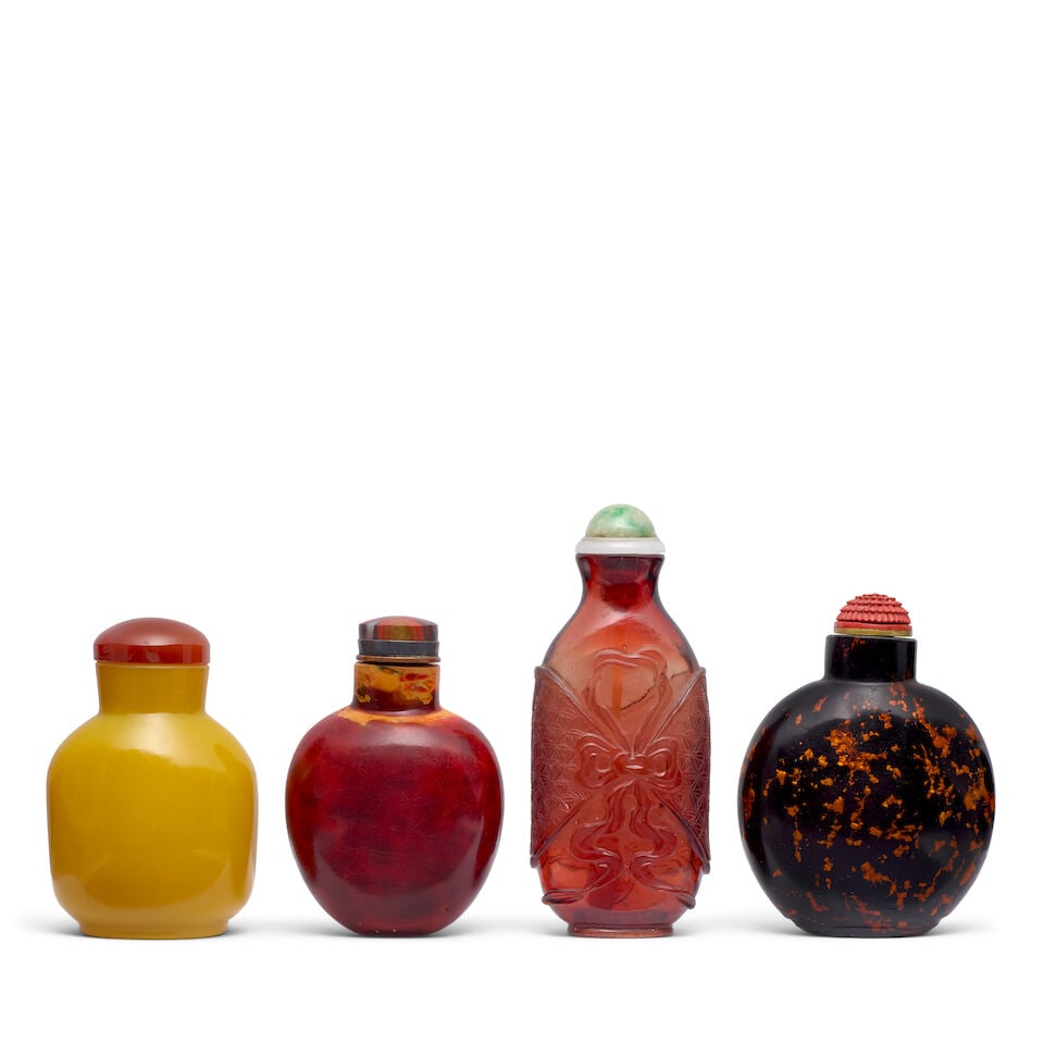 FOUR GLASS SNUFF BOTTLES 1850-1940 (4, stoppers) (1 of 1)