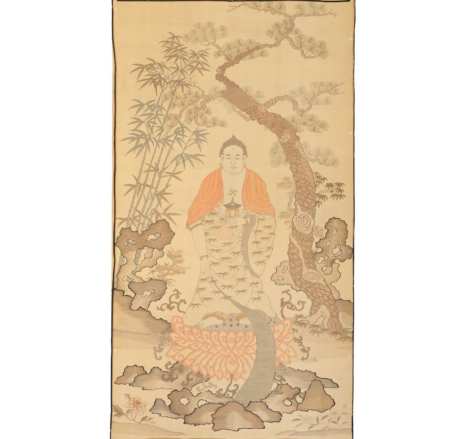 A PAINTED KESI PANEL OF AMITABHA Late Qing dynasty/Republic period: A PAINTED KESI PANEL OF AMITABHA Late Qing dynasty/Republic period With removeable frame and glazed. 54 x 28in (137.2 x 71.1cm) Footnotes: 晚清/民國 緙絲阿