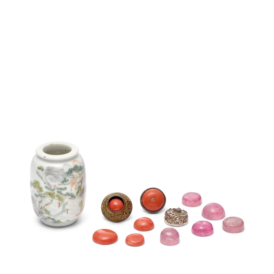 AN INSCRIBED FAMILLE-ROSE 'LANDSCAPE' JARLET AND A GROUP OF ELEVEN TOURMALINE, CORAL, AND SILVER...: AN INSCRIBED FAMILLE-ROSE 'LANDSCAPE' JARLET AND A GROUP OF ELEVEN TOURMALINE, CORAL, AND SILVER SNUFF BOTTLE STOPPER FINIALS Jarlet: Xianfeng mark and of the period 2in (5cm) high (12). Footnotes: &#