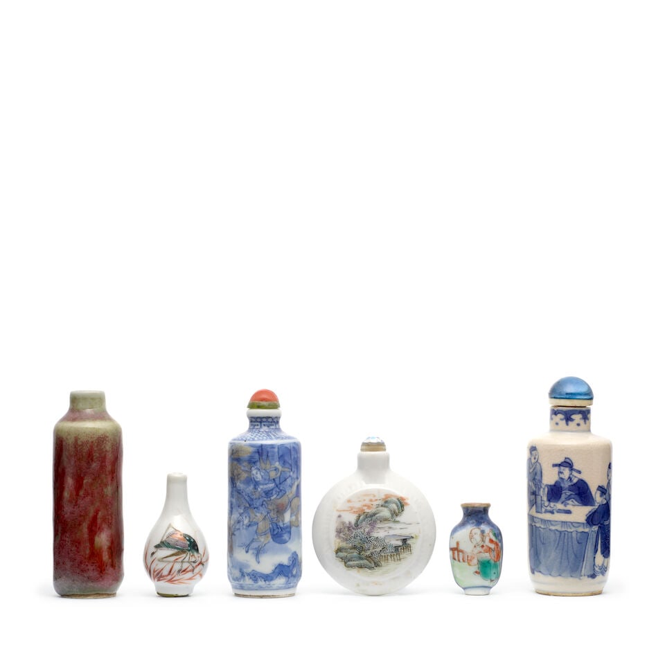 SIX PORCELAIN SNUFF BOTTLES 19th century (6, 3 stoppers) (1 of 1)