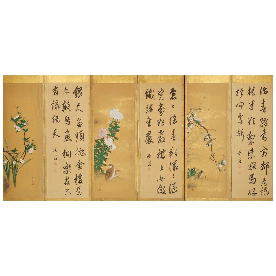 MANNER OF MARUYAMA OKYO A Japanese six-panel screen of birds and flowers with alternating callig... (1 of 1)