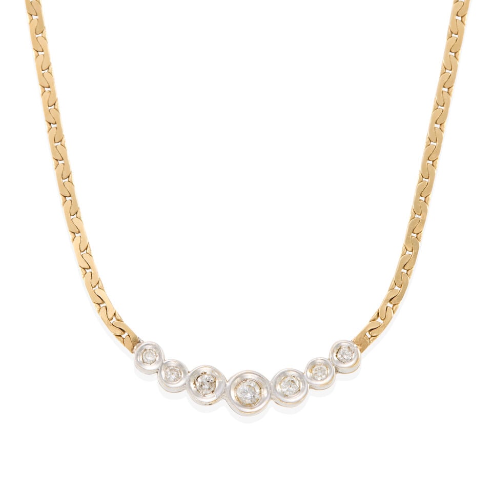 14K BICOLOR GOLD AND DIAMOND NECKLACE: 14K BICOLOR GOLD AND DIAMOND NECKLACE • 14k white and yellow gold • 7 round diamonds weighing approximately 0.30 - 0.40 carat total • Length 16 1/4 in. • Estimated gross