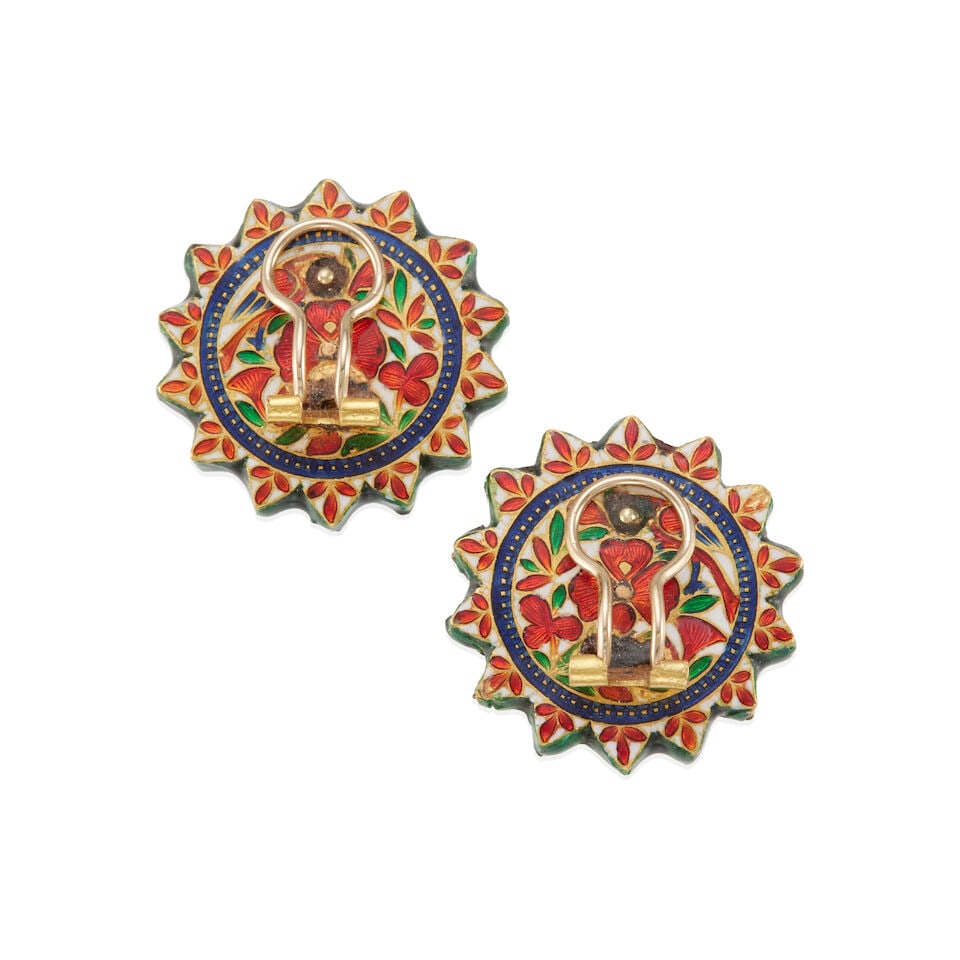 PAIR OF GOLD, 'POLKI' DIAMOND AND ENAMEL EARCLIPS - 2