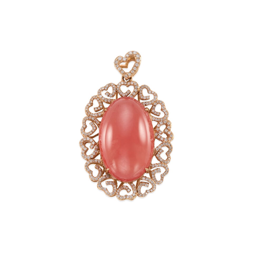 18K GOLD, RHODOCHROSITE AND DIAMOND PENDANT: 18K GOLD, RHODOCHROSITE AND DIAMOND PENDANT • 18k yellow gold • Numerous round diamonds weighing approximately 0.60 - 0.70 carat total • 1 oval rhodochrosite cabochon weighing