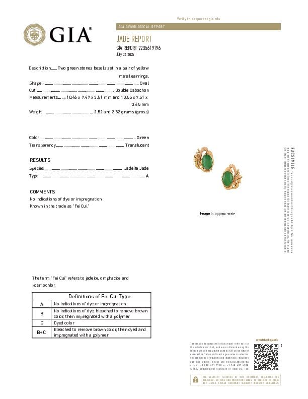 PAIR OF 14K GOLD AND JADEITE JADE EARRINGS WITH GIA REPORT - 2