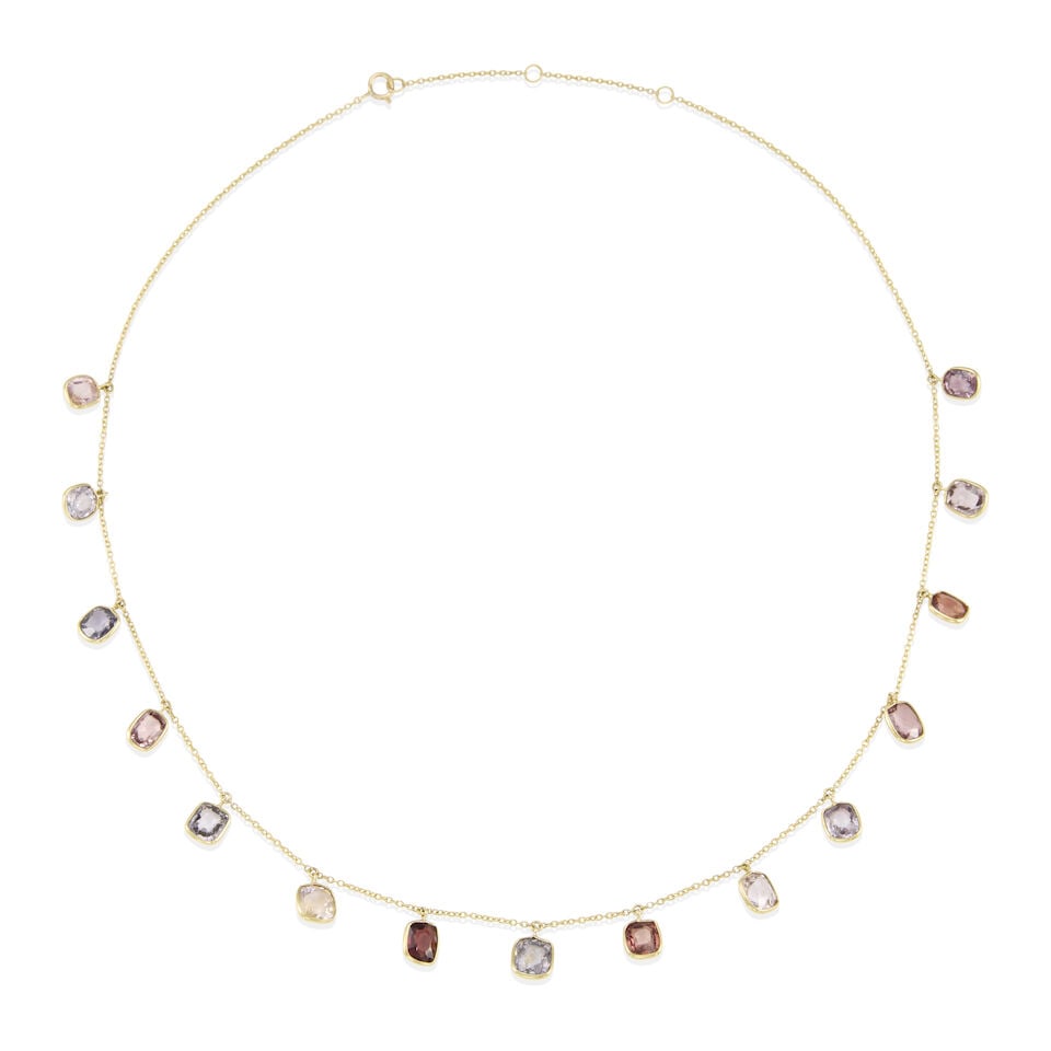 18K GOLD AND SPINEL NECKLACE: 18K GOLD AND SPINEL NECKLACE • 18k yellow gold • 15 near rectangular and square shaped spinels measuring approximately 5.46 - 7.05 mm • Length 18 1/2 in. • Estimated gross