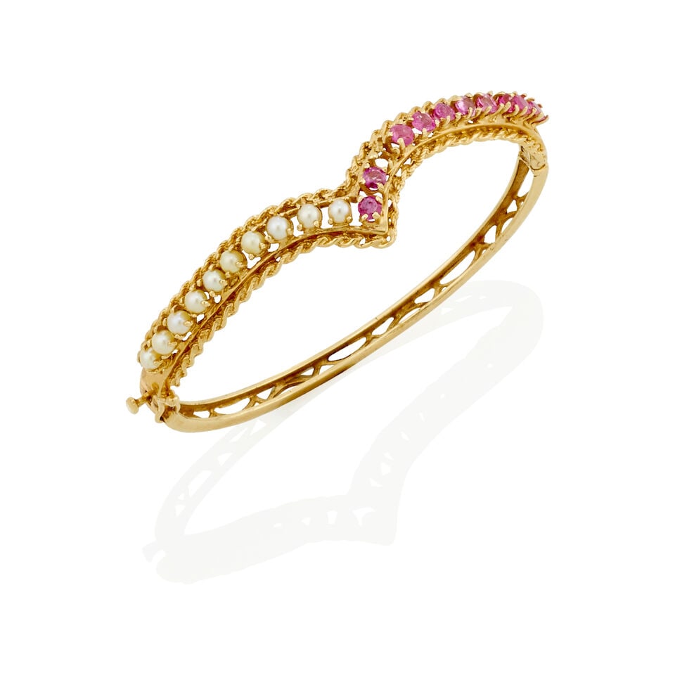 14K GOLD, CULTURED PEARL AND SAPPHIRE BRACELET - 2