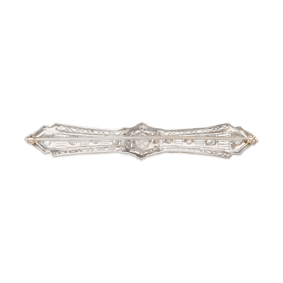 ART DECO PLATINUM, 14K GOLD AND DIAMOND BAR BROOCH - 2