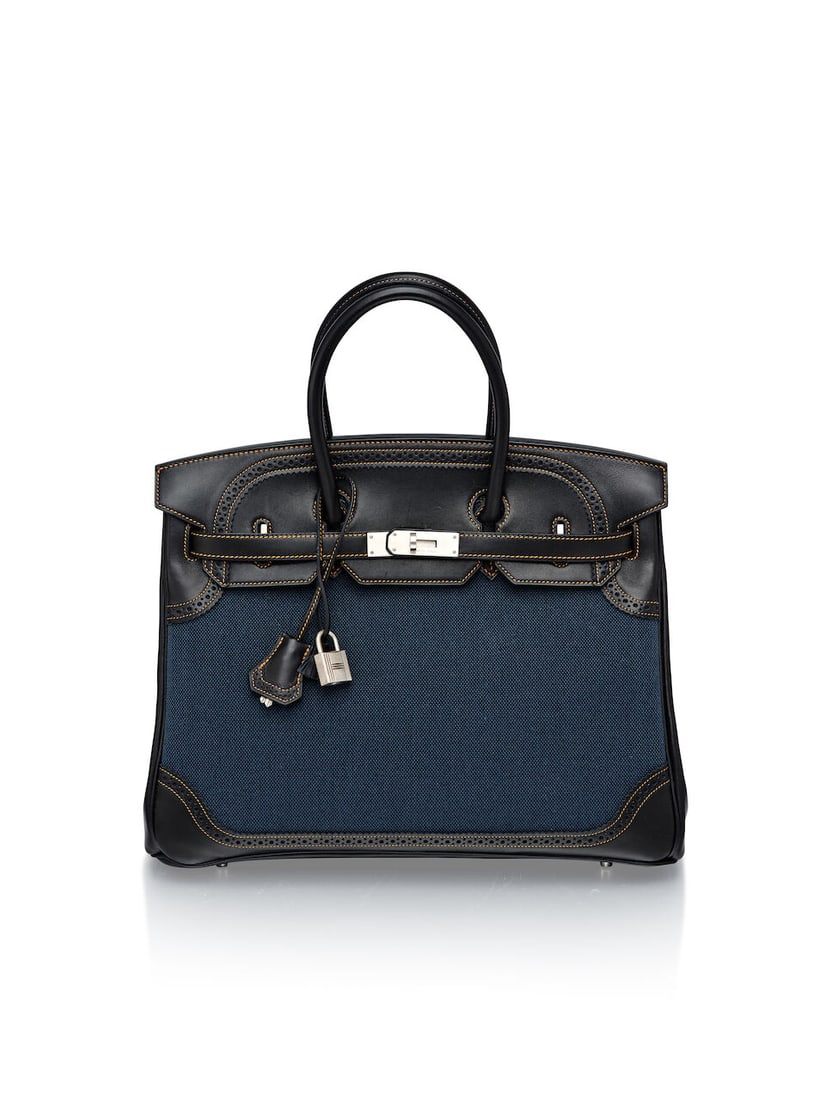 HERMÈS: LIMITED EDITION FONCE DENIM AND BLACK EVERCALF GHILLIES BIRKIN 35 WITH BRUSHED PALL...: HERMÈS: LIMITED EDITION FONCE DENIM AND BLACK EVERCALF GHILLIES BIRKIN 35 WITH BRUSHED PALLADIUM HARDWARE