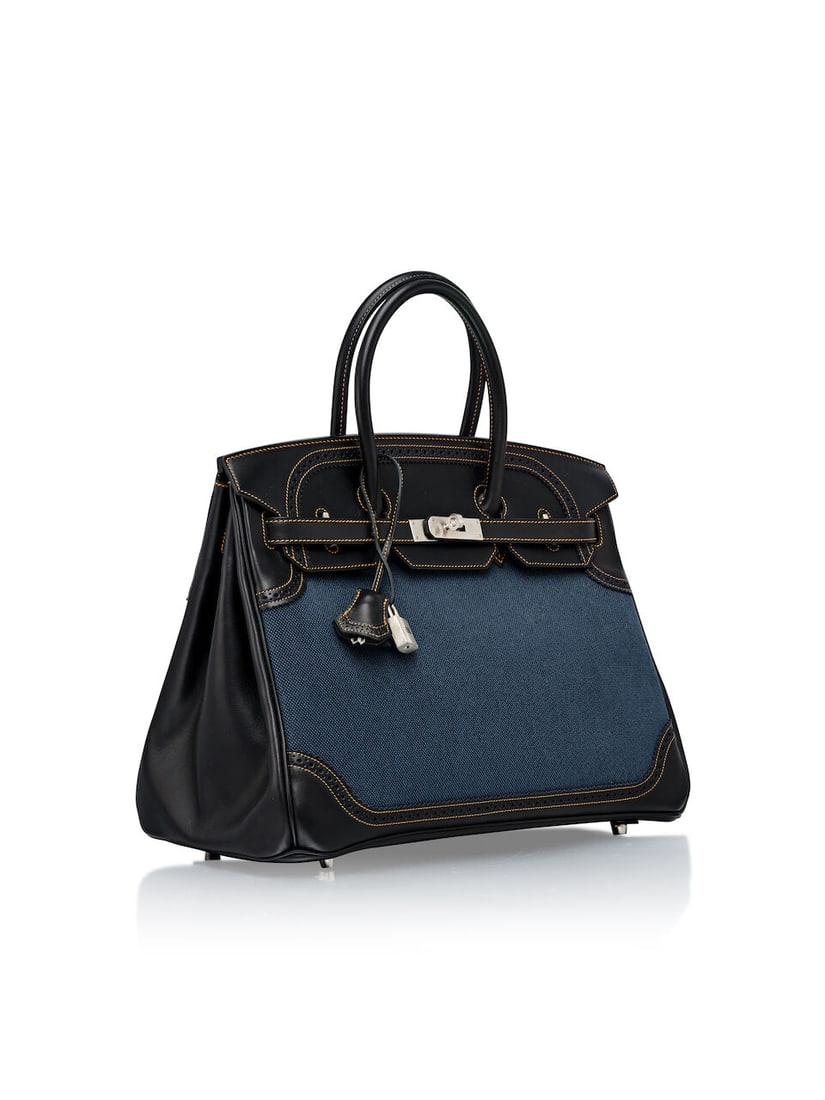 HERMÈS: LIMITED EDITION FONCE DENIM AND BLACK EVERCALF GHILLIES BIRKIN 35 WITH BRUSHED PALL... - 2