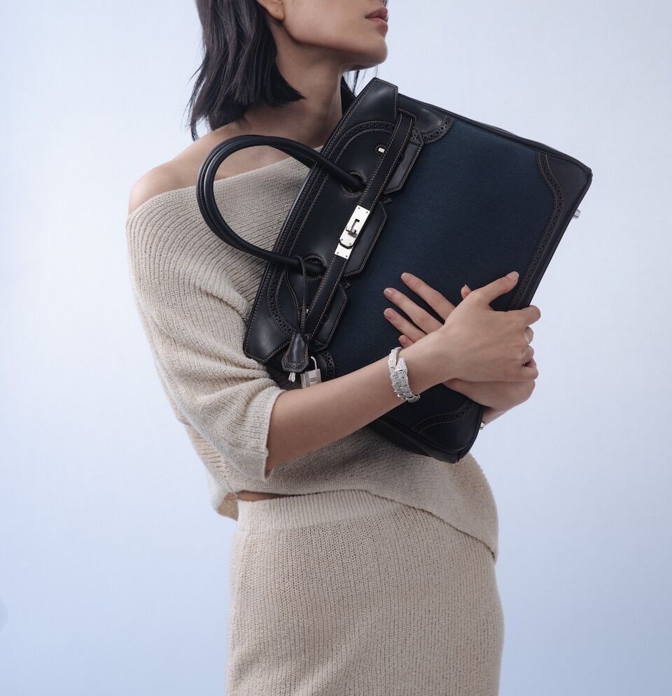 HERMÈS: LIMITED EDITION FONCE DENIM AND BLACK EVERCALF GHILLIES BIRKIN 35 WITH BRUSHED PALL... - 6