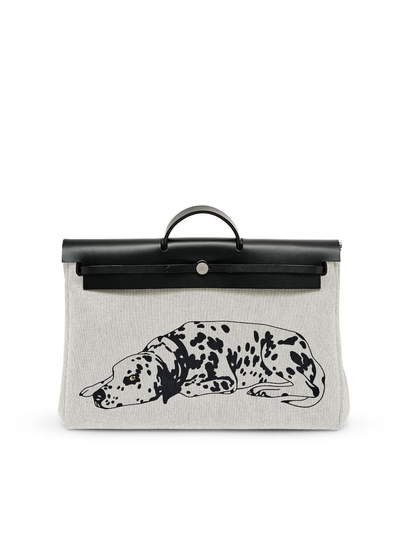 HERMÈS: LIMITED EDITION BLACK VACHE HUNTER AND ECRU TOILE DALMATIAN HERBAG 51 WITH PALLADIU...: HERMÈS: LIMITED EDITION BLACK VACHE HUNTER AND ECRU TOILE DALMATIAN HERBAG 51 WITH PALLADIUM HARDWARE 2025 愛馬仕：限量版黑色VACHE