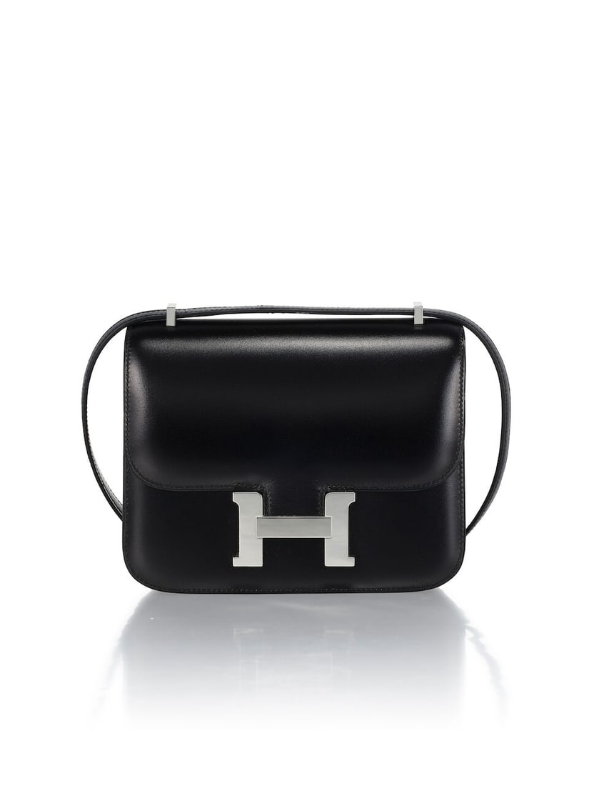 HERMÈS: BLACK BOX MINI CONSTANCE 18 WITH PALLADIUM HARDWARE 2011 (Includes dust bag and box): HERMÈS: BLACK BOX MINI CONSTANCE 18 WITH PALLADIUM HARDWARE 2011 愛馬仕：黑色BOX小牛皮迷你CONSTANCE 18厘米配