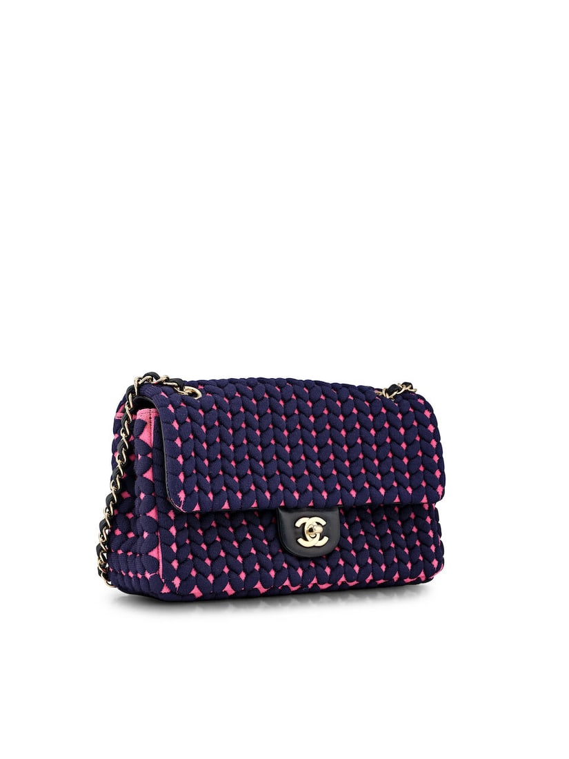 (NO RESERVE) CHANEL: NAVY AND PINK WOVEN KNIT JERSEY MEDIUM FLAP (Includes authenticity card and... - 2