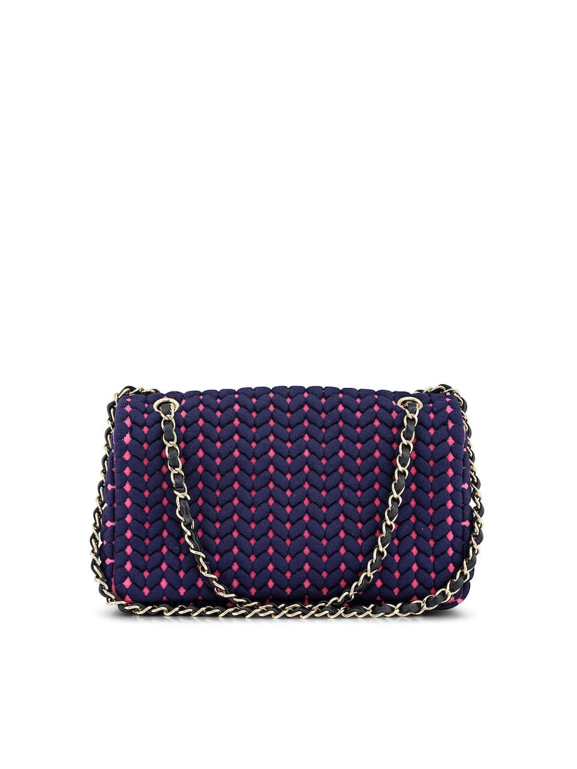 (NO RESERVE) CHANEL: NAVY AND PINK WOVEN KNIT JERSEY MEDIUM FLAP (Includes authenticity card and... - 3