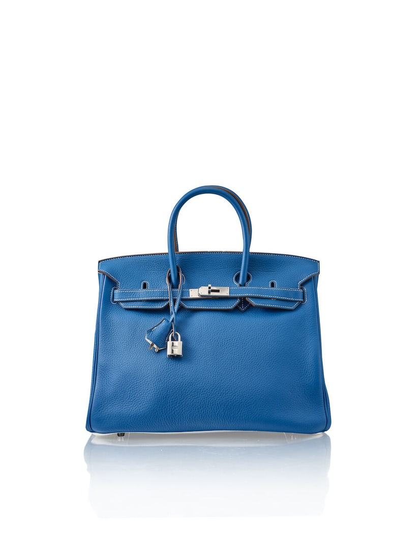 HERMÈS: LIMITED EDITION BLEU MYKONOS AND WHITE CLEMENCE BIRKIN 35 WITH PALLADIUM HARDWARE 2...: HERMÈS: LIMITED EDITION BLEU MYKONOS AND WHITE CLEMENCE BIRKIN 35 WITH PALLADIUM HARDWARE