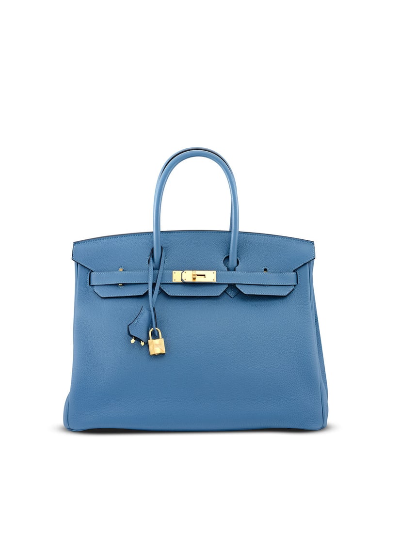 HERMÈS: BLEU AGATE TOGO BIRKIN 35 WITH GOLD HARDWARE 2018 (Includes keys, padlock, clochett...: HERMÈS: BLEU AGATE TOGO BIRKIN 35 WITH GOLD HARDWARE