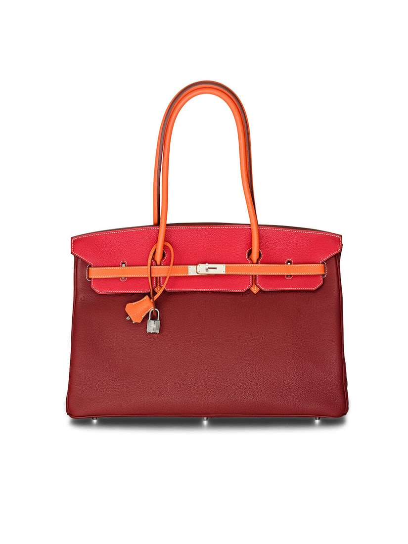 HERMÈS: SPECIAL ORDER ROUGE H/ORANGE/VERMILLON TRI-COLOR LONG BIRKIN 45 WITH PALLADIUM HARD...: HERMÈS: SPECIAL ORDER ROUGE H/ORANGE/VERMILLON TRI-COLOR LONG BIRKIN 45 WITH PALLADIUM HARDWARE