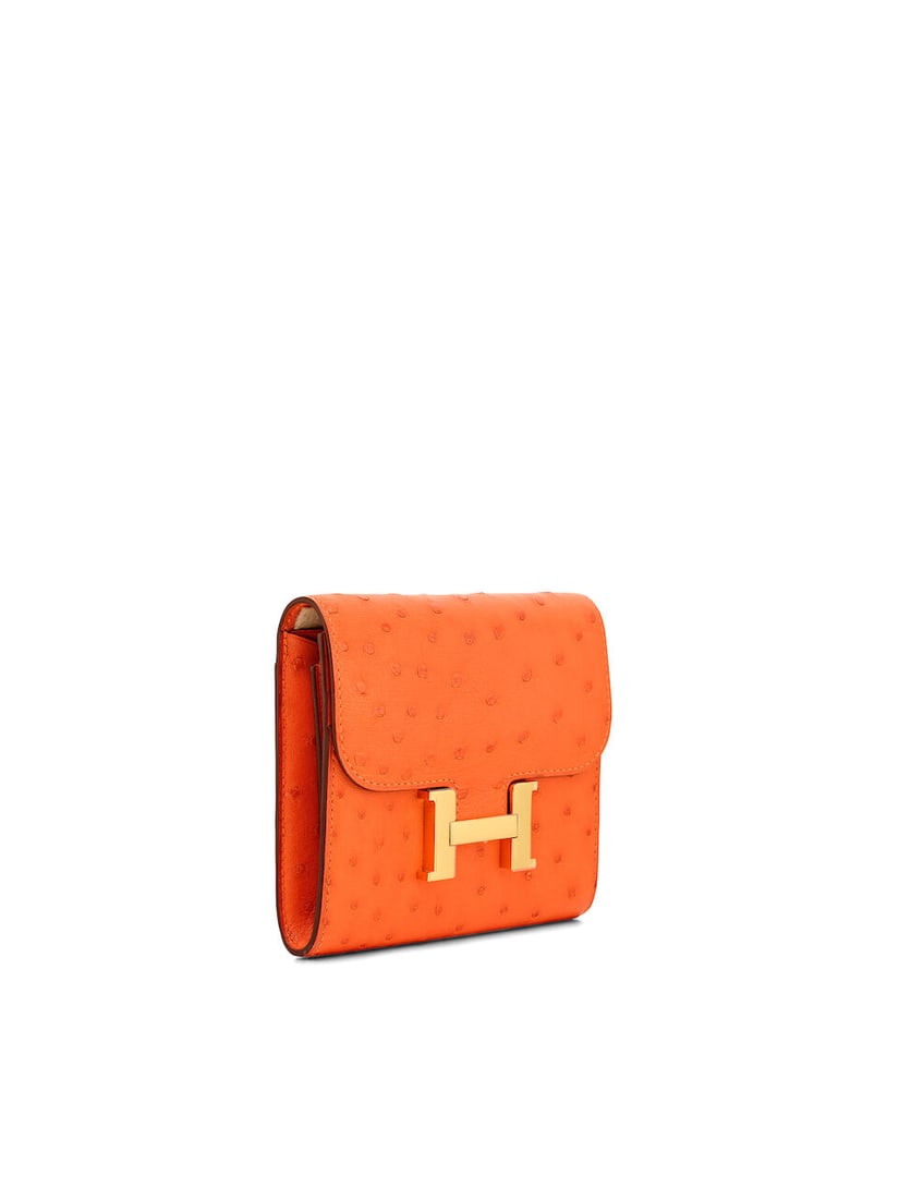 (NO RESERVE) HERMÈS: TANGERINE OSTRICH CONSTANCE COMPACT WALLET WITH GOLD HARDWARE 2017 (In... - 2