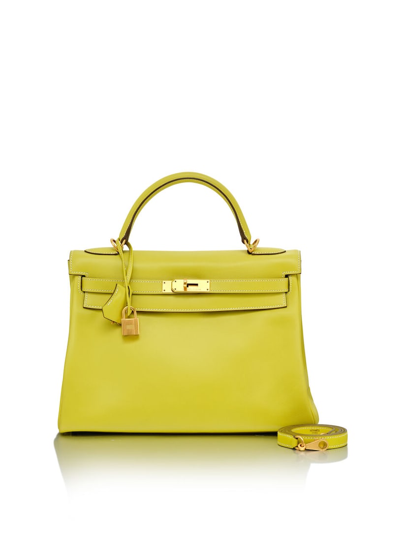 HERMÈS: SPECIAL ORDER LIME AND BLEU SAPHIR SWIFT RETOURNE KELLY 32 WITH BRUSHED GOLD HARDWA...: HERMÈS: SPECIAL ORDER LIME AND BLEU SAPHIR SWIFT RETOURNE KELLY 32 WITH BRUSHED GOLD HARDWARE 2012 愛馬仕：特別訂製青檸黃拼