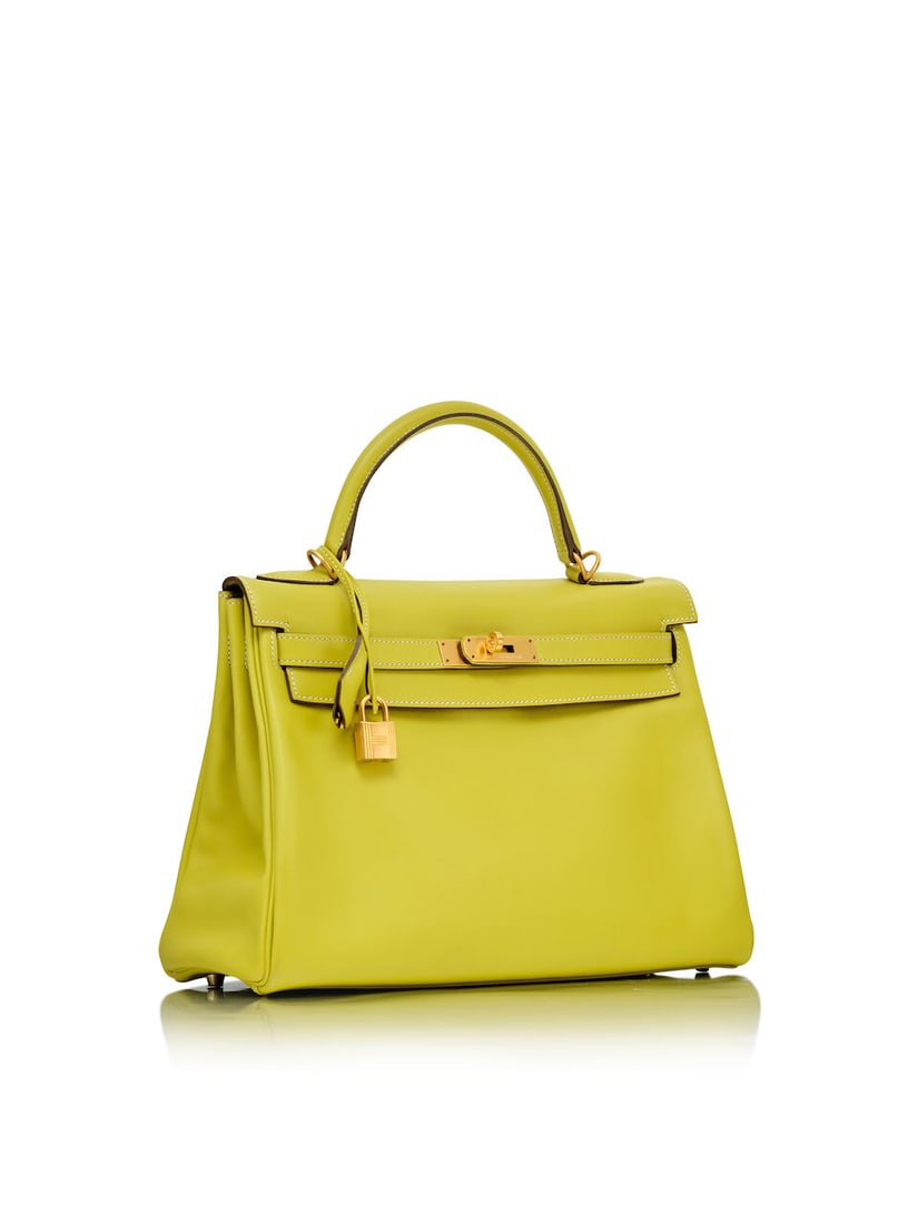 HERMÈS: SPECIAL ORDER LIME AND BLEU SAPHIR SWIFT RETOURNE KELLY 32 WITH BRUSHED GOLD HARDWA... - 2