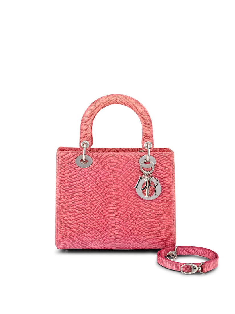 (NO RESERVE) DIOR: PINK LIZARD MEDIUM LADY DIOR WITH SILVER TONED HARDWARE (Includes strap, auth...: (NO RESERVE) DIOR: PINK LIZARD MEDIUM LADY DIOR WITH SILVER TONED HARDWARE 迪奧：粉紅色蜥蜴皮中號LADY DIOR手袋配%
