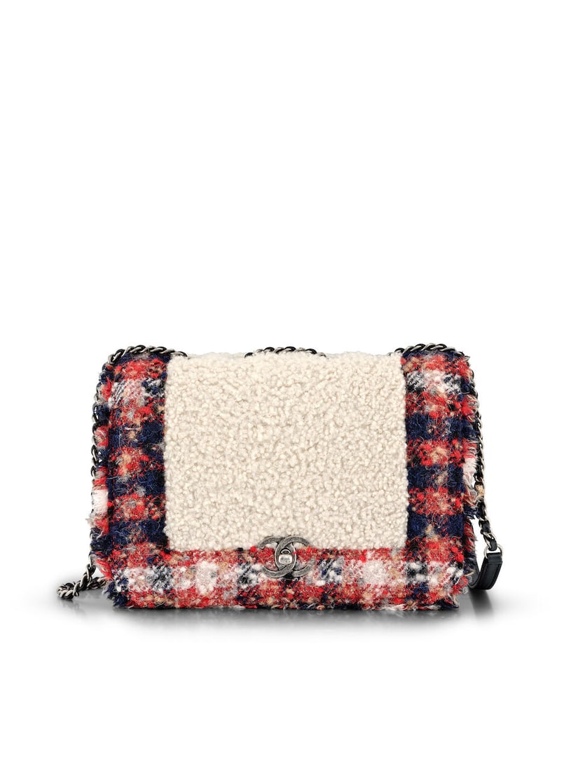 (NO RESERVE) CHANEL: CHECKED TWEED AND SHEARLING FLAP WITH RUTHENIUM HARDWARE (Includes authenti...: (NO RESERVE) CHANEL: CHECKED TWEED AND SHEARLING FLAP WITH RUTHENIUM
