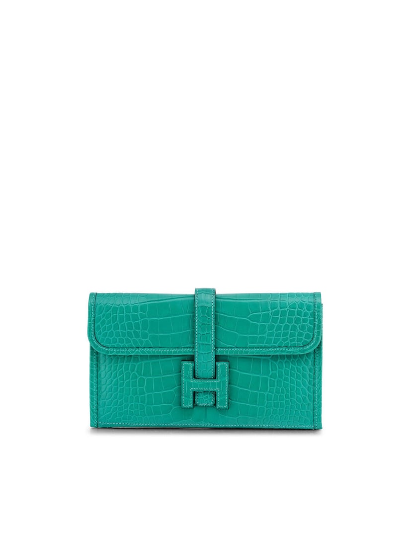 HERMÈS: BLEU PAON MATTE ALLIGATOR JIGE DUO CLUTCH 2018 (Includes detachable zip pouch, dust...: HERMÈS: BLEU PAON MATTE ALLIGATOR JIGE DUO CLUTCH 2018 愛馬仕：孔雀藍霧面短吻鱷魚皮JIGE