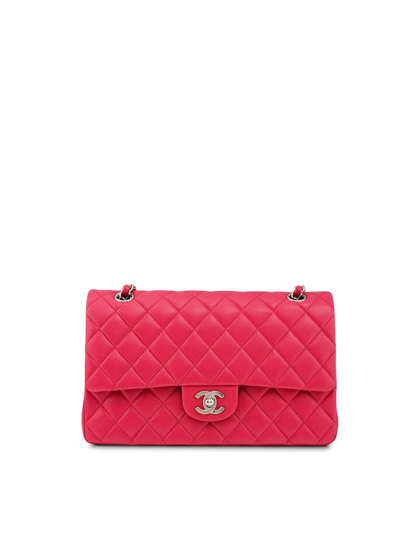(NO RESERVE) CHANEL: FUCHSIA LAMBSKIN MEDIUM CLASSIC DOUBLE FLAP WITH SILVER TONED HARDWARE (In...: (NO RESERVE) CHANEL: FUCHSIA LAMBSKIN MEDIUM CLASSIC DOUBLE FLAP WITH SILVER TONED HARDWARE 香奈兒：桃紅色羊皮中號經典&