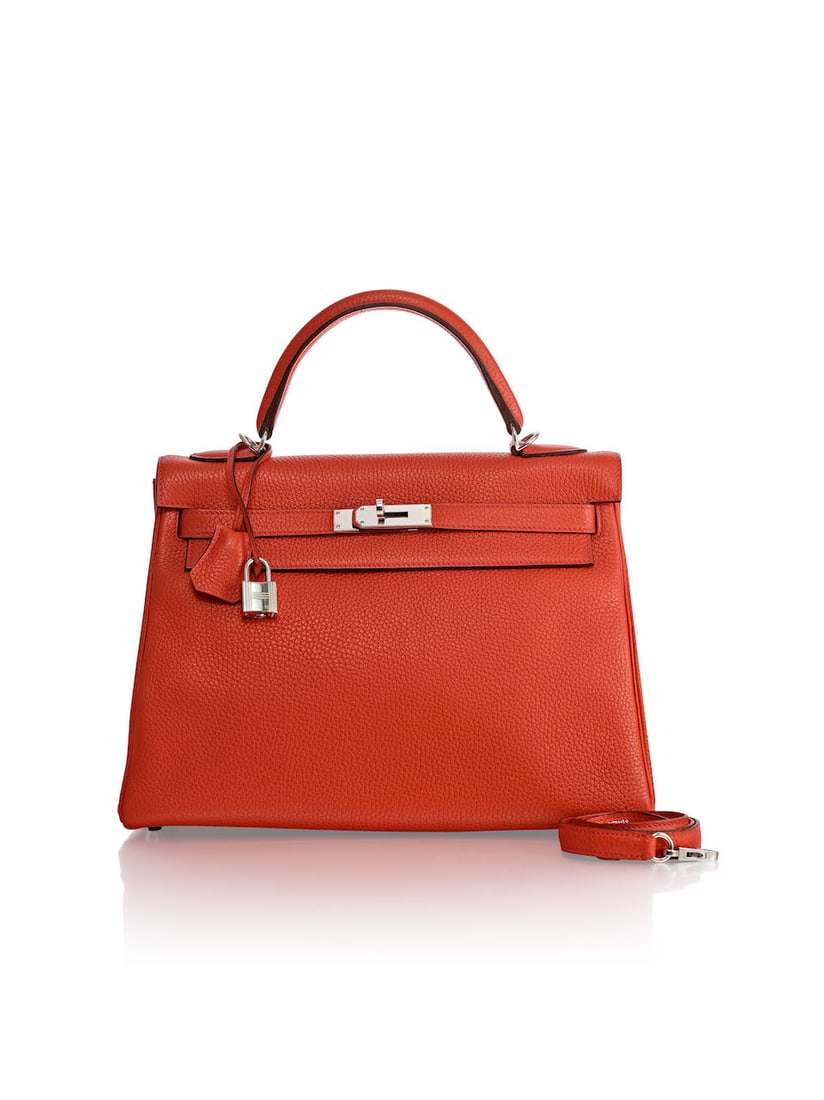HERMÈS: ROUGE TOMATE CLEMENCE RETOURNE KELLY 32 WITH PALLADIUM HARDWARE 2016 (Includes keys...: HERMÈS: ROUGE TOMATE CLEMENCE RETOURNE KELLY 32 WITH PALLADIUM HARDWARE 2016 愛馬仕：番茄紅CLEMENCE牛皮內縫凱莉ࡍ