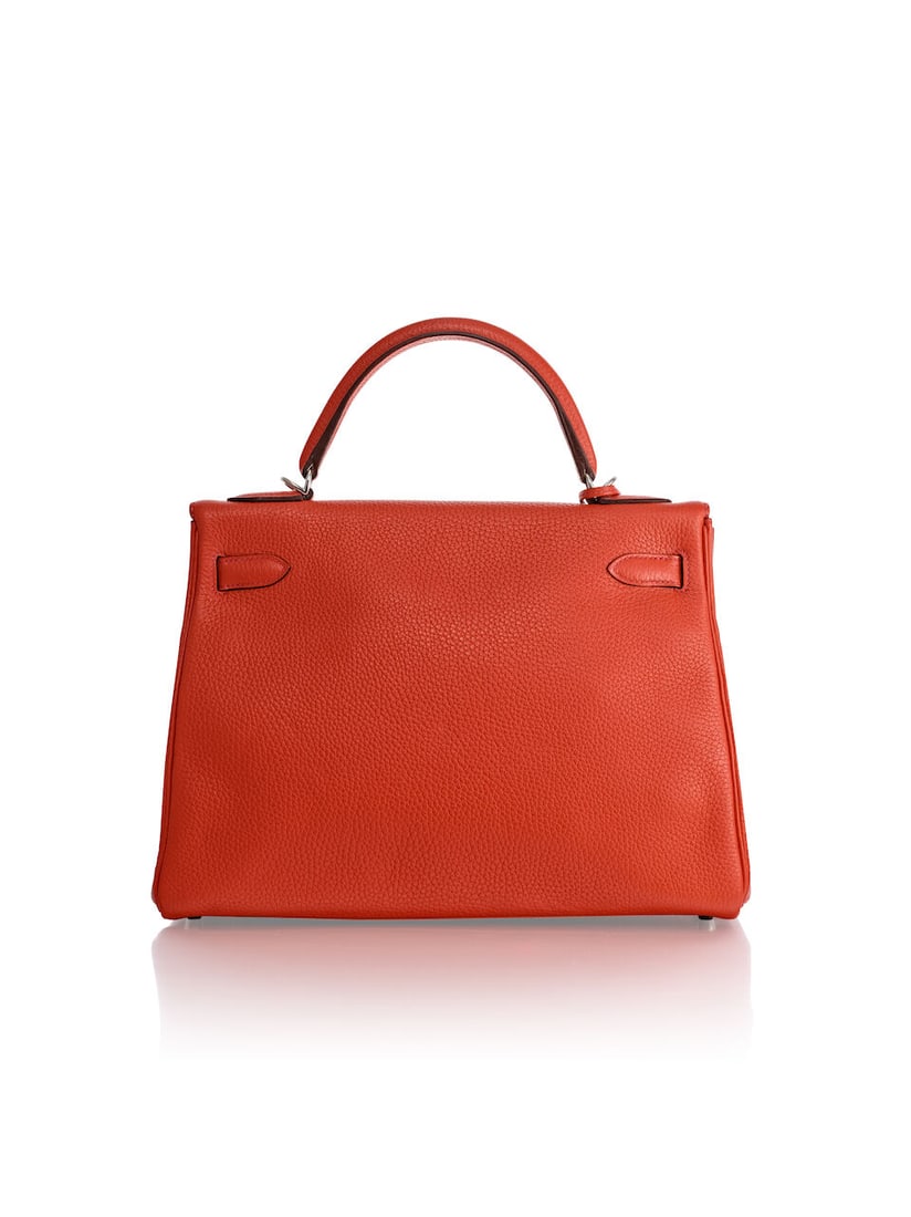 HERMÈS: ROUGE TOMATE CLEMENCE RETOURNE KELLY 32 WITH PALLADIUM HARDWARE 2016 (Includes keys... - 3