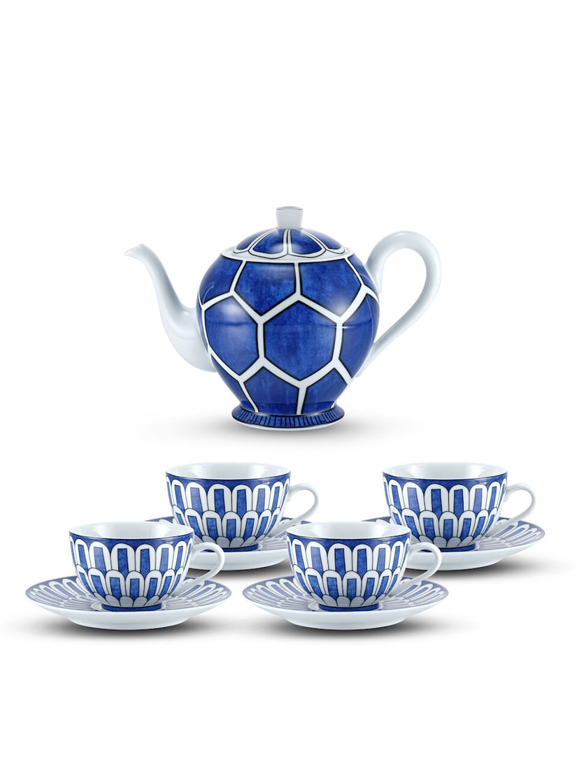 (NO RESERVE) HERMÈS: SET OF 5 BLEUS D'AILLEURS TEAPOTS AND COFFEE CUPS: (NO RESERVE) HERMÈS: SET OF 5 BLEUS D'AILLEURS TEAPOTS AND COFFEE CUPS 愛馬仕：BLEUS D'AILLEURS西班牙陽台系列陶瓷'