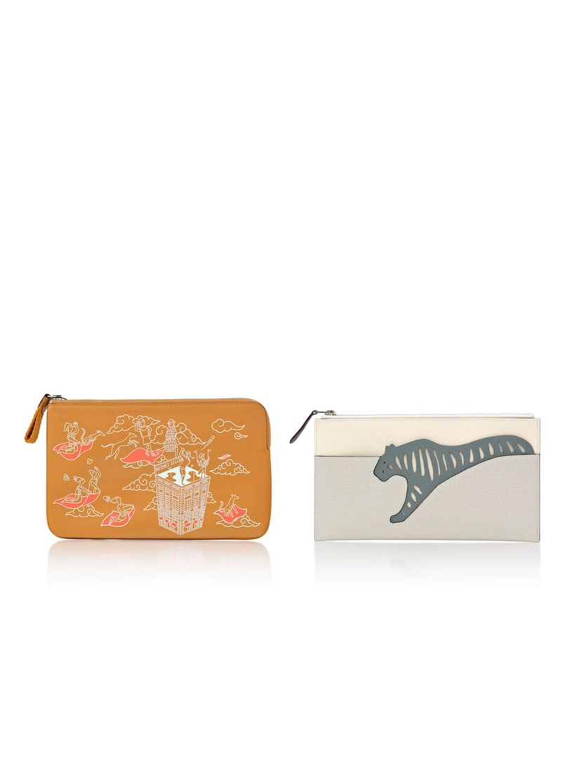 (NO RESERVE) HERMÈS: A SET OF 2 ZIP LONG POUCHES: (NO RESERVE) HERMÈS: A SET OF 2 ZIP LONG POUCHES 愛馬仕：拉鍊長款小袋2件套裝 GRIS PERLE TOGO/CRAIE AND VERT AMANDE